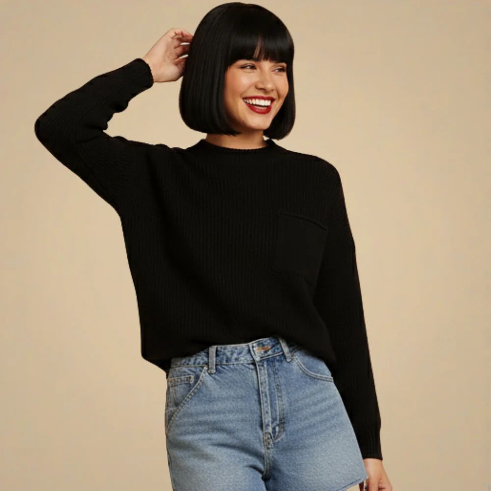 Crew Neck Knitted Sweater with Chest Pocket for Women Fashion Grand