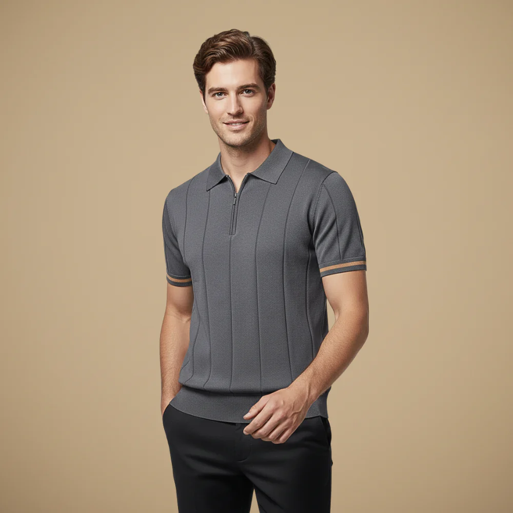 Men's quarter zip-up slim fit solid polo shirt