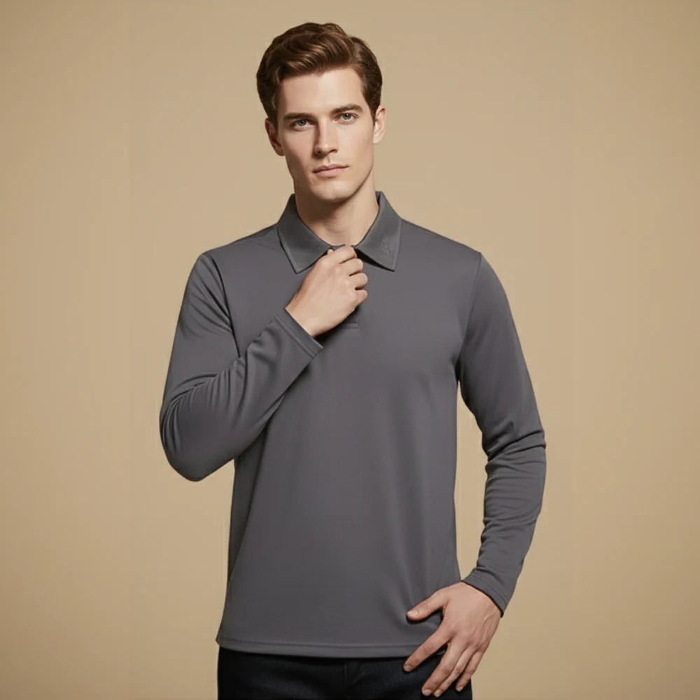 Men's long sleeve polo shirt with turned-down collar
