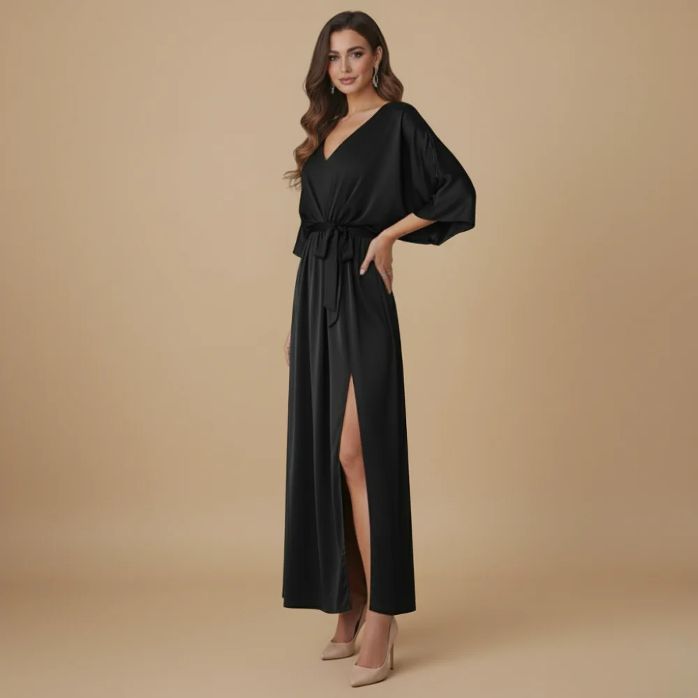 Women's V-Neck Tie Waist Long Dress Fashion Grand