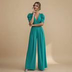 Women's Puff Sleeve V-Neck Wide Jumpsuit Fashion Grand