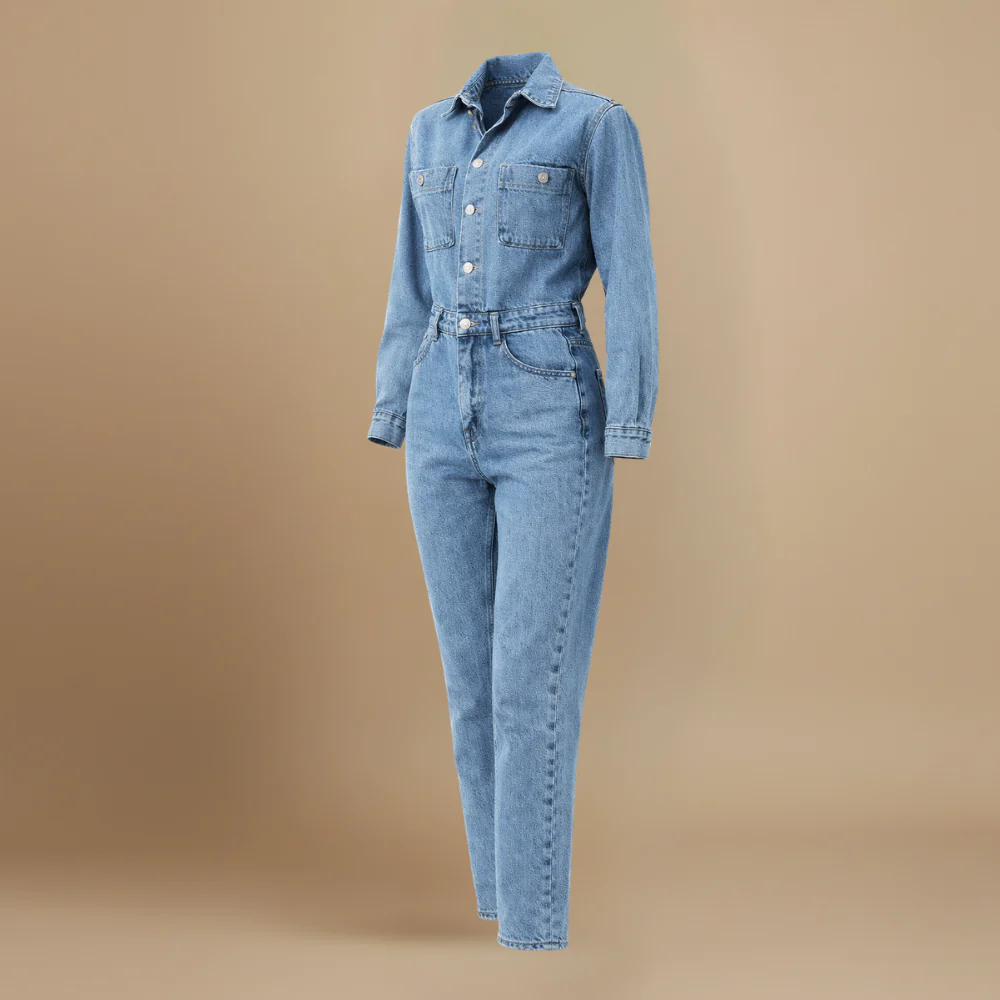Women’s casual denim jumpsuit with straight legs and long sleeves Fashion Grand