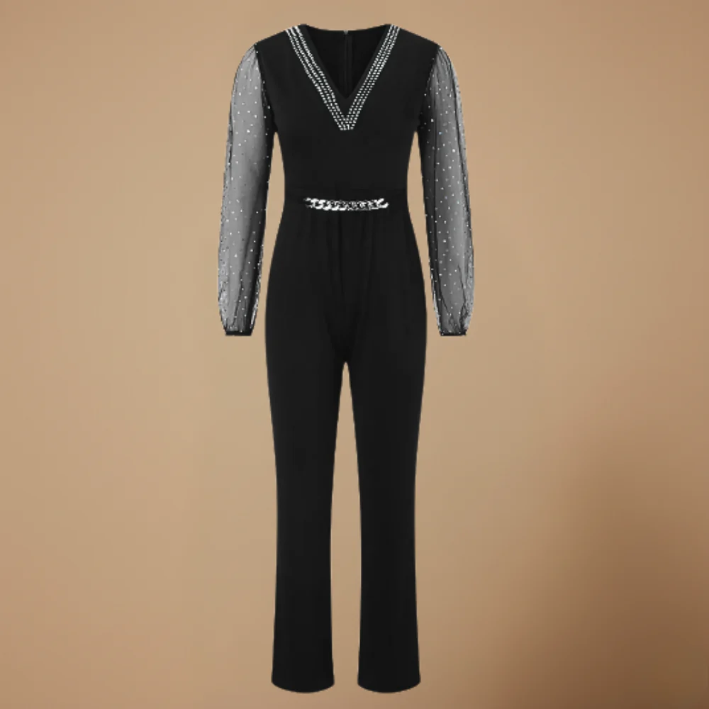 Women’s elegant jumpsuit with v-neck and mesh sleeves Fashion Grand