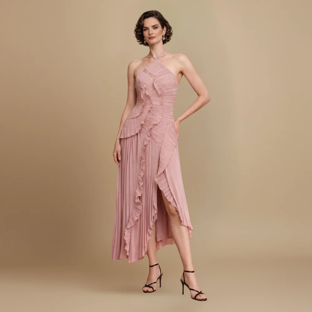 Women’s elegant flowy dress with ruffles and halter neck Fashion Grand