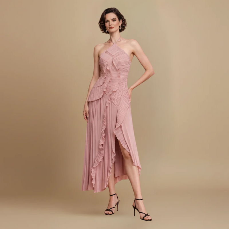 Women’s elegant flowy dress with ruffles and halter neck Fashion Grand