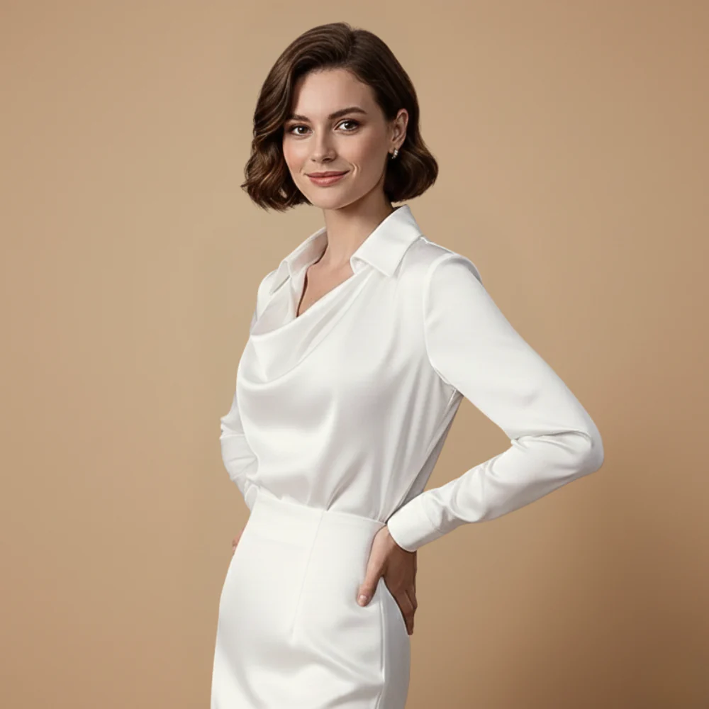 Women's elegant blouse with long sleeves and draped neckline Fashion Grand