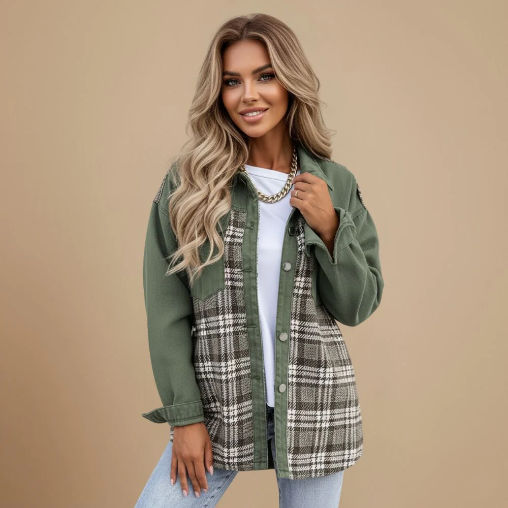 Denim Patchwork Plaid Buttoned Shirt Collar Jacket for Women Fashion Grand