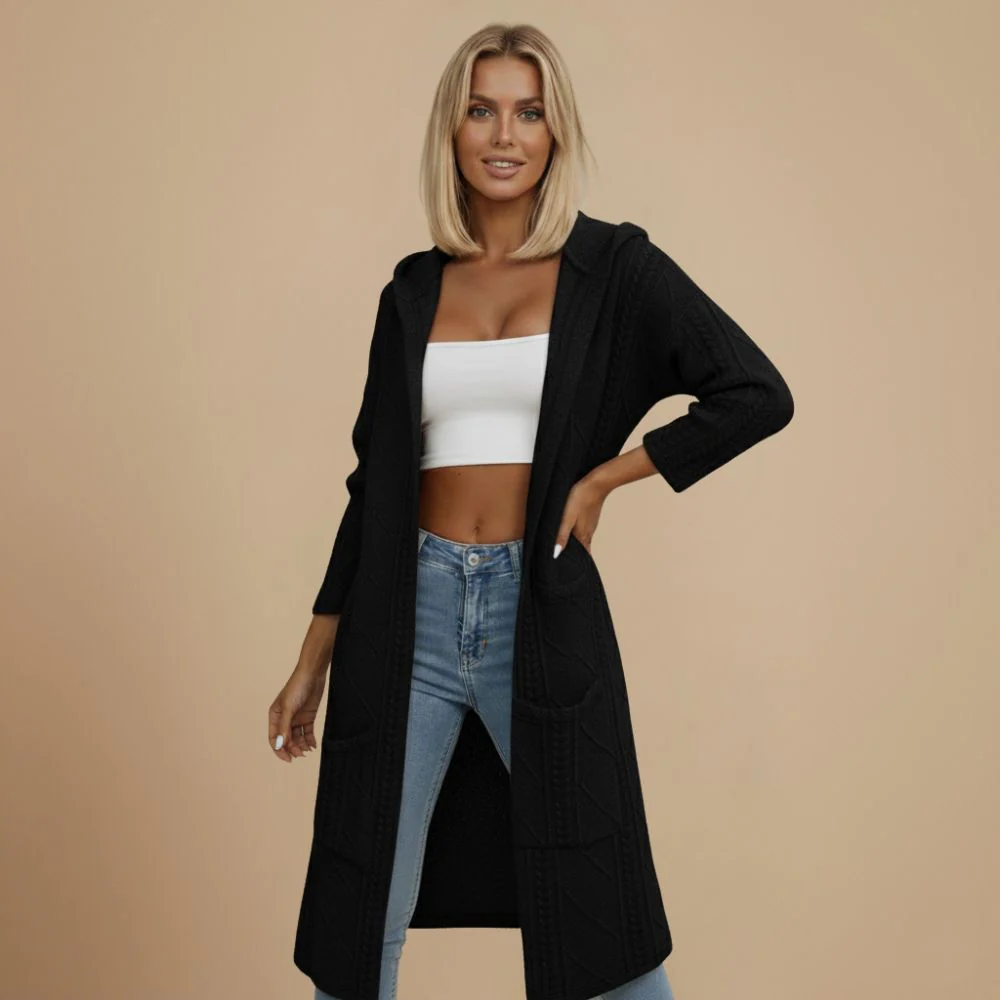 Women's Longline Cable Knit Hooded Open Cardigan Fashion Grand