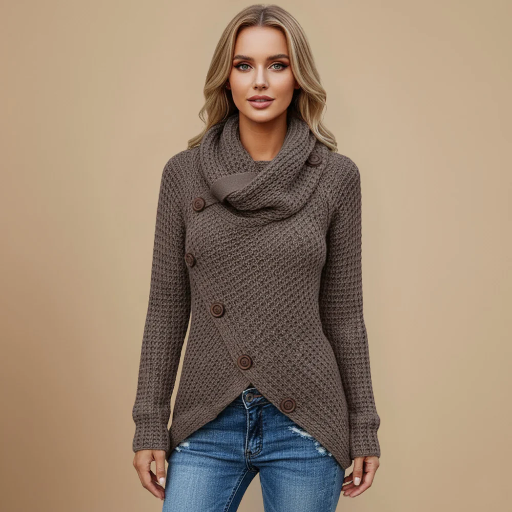 Ladies Knit Sweater Cowl Neck Button Detail Fashion Grand