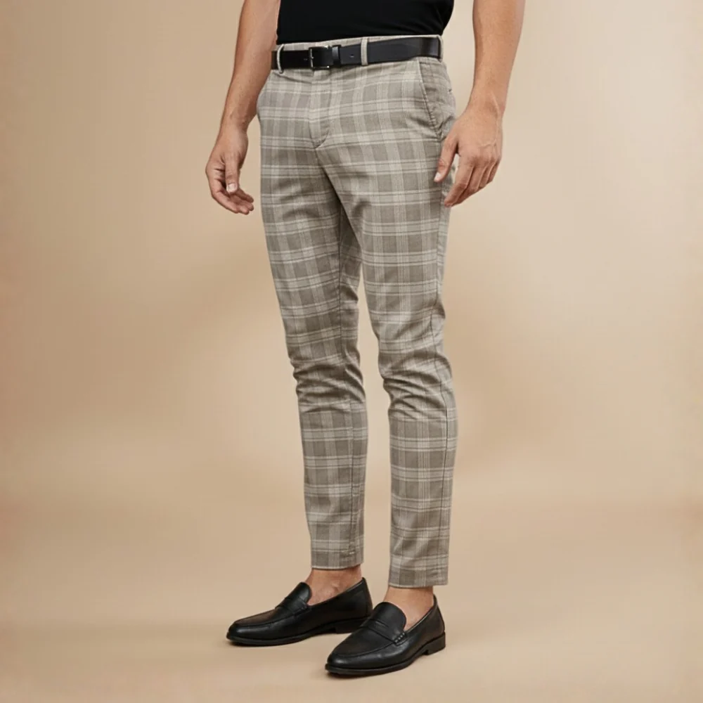 Men's checkered slim fit straight leg trousers