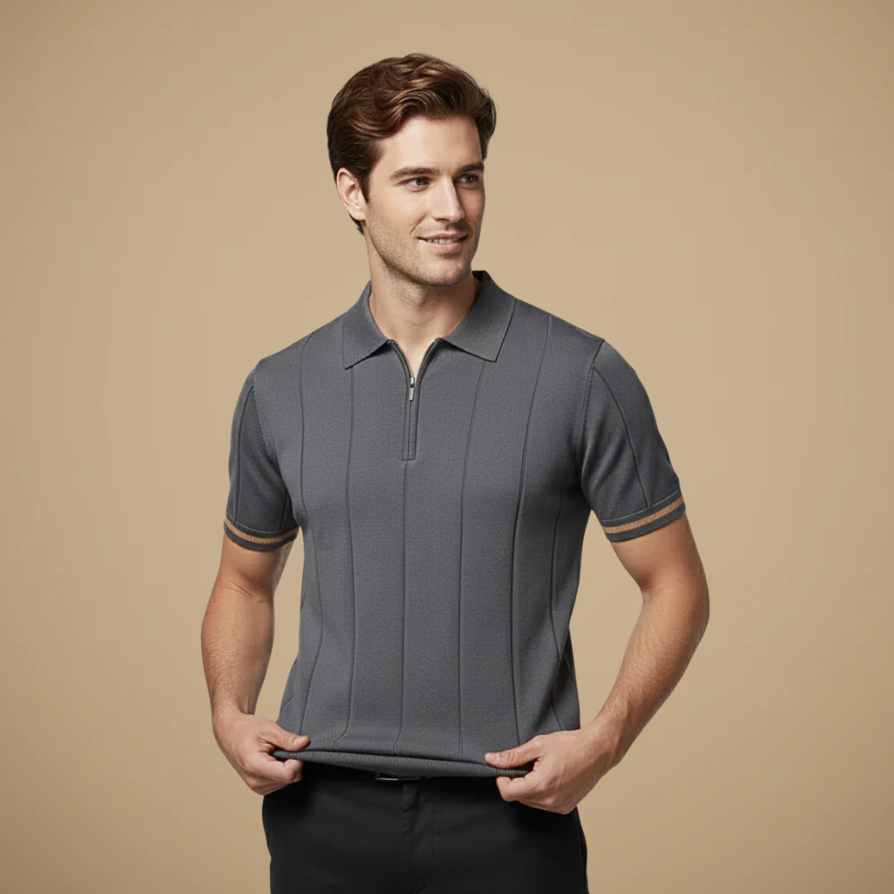 Men's quarter zip-up slim fit solid polo shirt