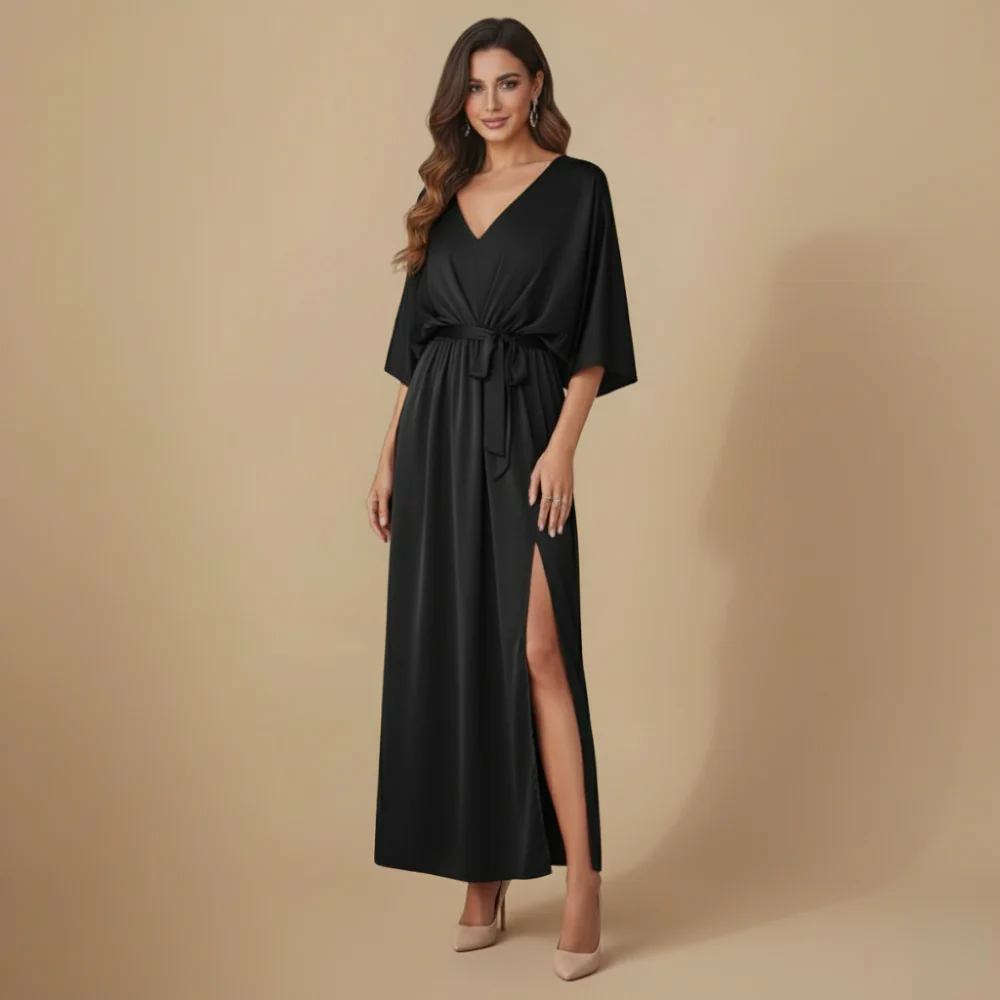 Women's V-Neck Tie Waist Long Dress Fashion Grand