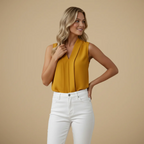 Simple Pleated Sleeveless V-Neck Top for Women Fashion Grand