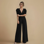 Women's Puff Sleeve V-Neck Wide Jumpsuit Fashion Grand