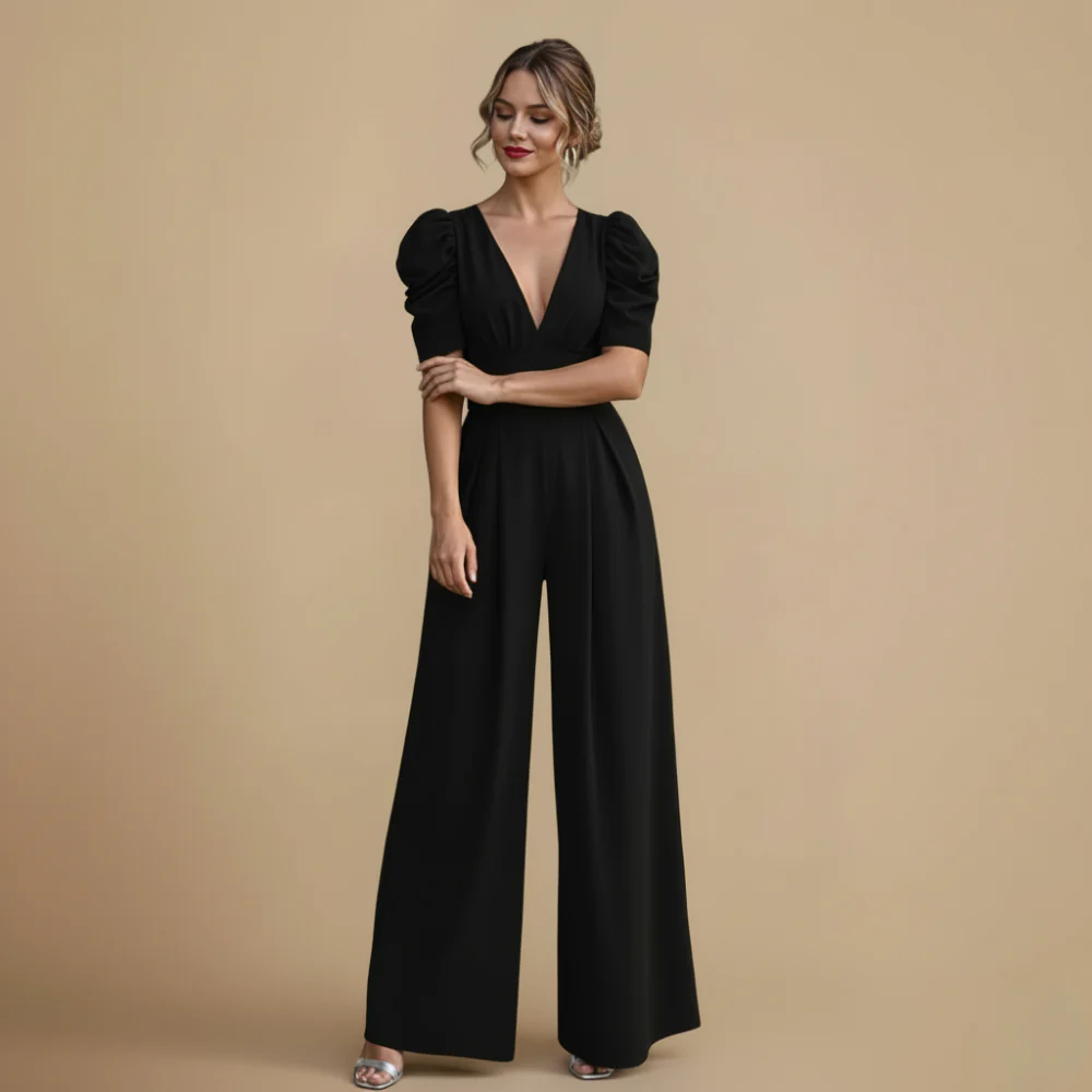 Women's Puff Sleeve V-Neck Wide Jumpsuit Fashion Grand